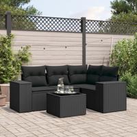 5-delige Loungeset met kussens poly rattan zwart