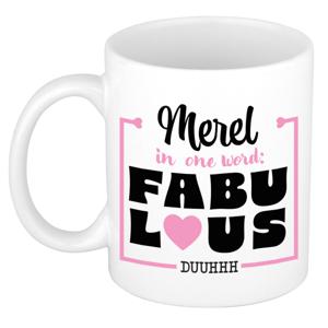 Naam mok Merel - wit - Fabulous - keramiek - 300 ml - cadeau collega beker