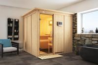 Karibu | Rodin Sauna met Dakkraag | Helderglas Deur | Kachel 9 kW Externe Bediening