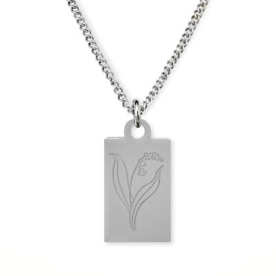 Gegraveerde geboortebloem ketting OUD DESIGN - Stainless steel - Zilver - Rechthoek - Mei - lelie van dalen