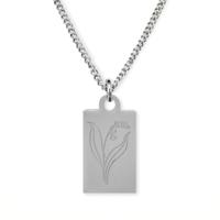 Gegraveerde geboortebloem ketting OUD DESIGN - Stainless steel - Zilver - Rechthoek - Mei - lelie van dalen