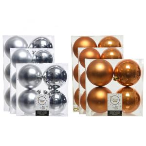 Kerstversiering kunststof kerstballen mix cognac bruin/zilver 6-8-10 cm pakket van 44x stuks - Kerstbal