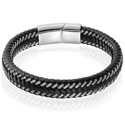Heren armband Leer Edelstaal LGT Jewels Zilverkleurig Zwart - 21cm
