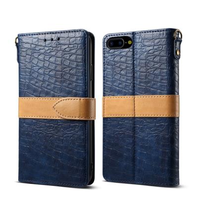 iPhone 7 Plus & 8 Plus tweekleurig Krokodil structuur PU leren Flip Hoesje met houder, draagriem en opbergruimte voor pinpassen & geld (blauw)