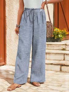Striped Loose Cotton And Linen Vacation Pants