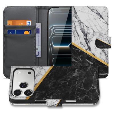 Apple iPhone 17 Pro Max | Bookcase | Marmer Wit Zwart Gouden Lijn Apple iPhone 17 Pro Max | Bookcase | Marmer Wit Zwart Gouden Lijn