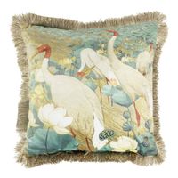 Fluwelen Kussen met Witte Kraanvogels en Gouden Franjes (45 x 45 cm) - thumbnail