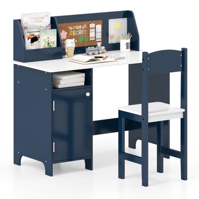 Kinderbureau set Kinderbureau met Houten Stoel Studentenbureau met Boekenplank-Blauw