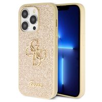 iPhone 15 Pro Max Guess Fixed Glitter 4G Metal Logo Cover - Goud