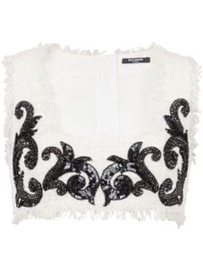 Balmain haut crop Baroque à broderies - Blanc