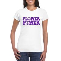 Wit Flower Power t-shirt peace tekens met paarse letters dames - thumbnail