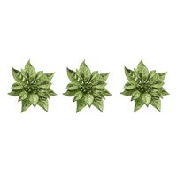 3x stuks decoratie bloemen kerstster groen glitter op clip 18 cm - Kunstbloemen