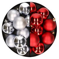 24x stuks kunststof kerstballen mix van zilver en rood 6 cm - thumbnail