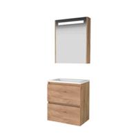 Basic-Line Premium 39 Badkamermeubelset - Ondiep - 60 x 39 cm - Greeploos - 2 Lades - Acryl Wastafel - Zonder Kraangat - Spiegelkast met LED Verlichting - Whisky Oak