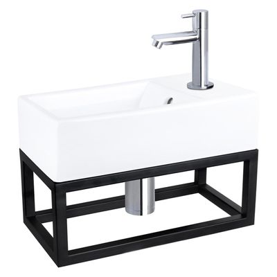Differnz Force fonteinset - 40x22x11.5cm - Rechthoek - 1 kraangat - Recht chromen kraan - met zwart frame - Keramiek Wit 38.401.60