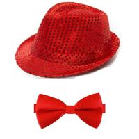 Folat Verkleedkleding set - Glitter hoed en strikje - rood - voor volwassenen - carnaval - verkleden
