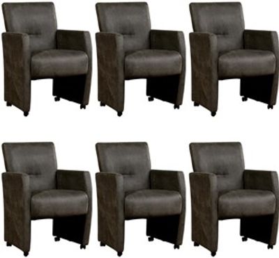 Set van 6 Donkergrijze leren moderne eetkamerfauteuils Pleasure - Kenia Leer Antracite (donkergrijs leer)