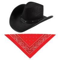 Carnaval verkleedset cowboyhoed Billy Boy - zwart - met rode hals zakdoek - voor volwassenen - thumbnail