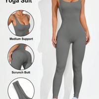 Seamless Yoga Jumpsuit - High Waist Scoop Neck Unitard in Black Grey / M