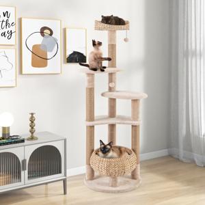164 cm Krabpaal Kattenboom met Zitstang en Mandbed Klimboom met 6 Verdiepingen Kattenkrabpaal Katten Beige + Natuurlijke
