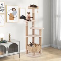 164 cm Krabpaal Kattenboom met Zitstang en Mandbed Klimboom met 6 Verdiepingen Kattenkrabpaal Katten Beige + Natuurlijke