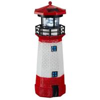 Rode/witte vuurtoren beeldje met solar licht - H28 cm - maritieme tuin decoratie - Stijl maritiem