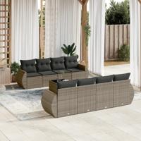 9-delige Loungeset met kussens poly rattan grijs