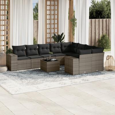 10-delige Loungeset met kussens poly rattan grijs
