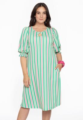 Yoek Jurk met pofmouwen STRIPY | Groen | Maat 46/48