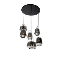 QAZQA Art deco hanglamp zwart met smoke glas 6-lichts - Kevin