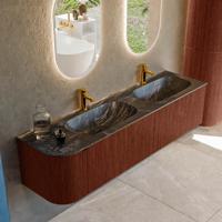 Badmeubel Mondiaz Kurve-Dlux | 175 cm cm | Meubelkleur Ruby | Wastafelkleur Lava | Solid surface | Dubbel / Rechts spoelbak | 2 kraangaten