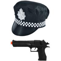 Carnaval verkleed politie agent set - pet/cap zwart met zilveren badge - pistool zonder paffertjes