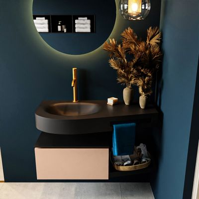 MONDIAZ RIVA 100cm badmeubel onderkast / planchet kleur Rosee met 1 lade. Wastafel DULCET links 1 kraangat kleur Urban.