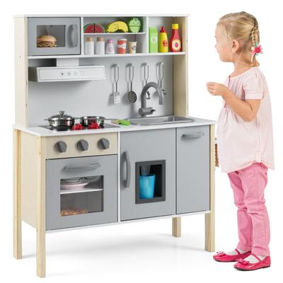 Houten Kinderkeuken incl. 18 Accessoires Speelkeuken met Gootsteen & Magnetron Speelgoedkeuken Grijs