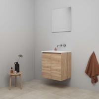 On-Line Badkamermeubelset - 60 cm - Bouwpakket - Greeploos 2 Deuren - Acryl Wastafel - zonder Kraangat - Spiegel - Eiken