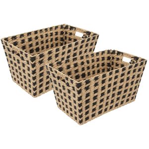 Rieten opbergmand - 2x - gevlochten rechthoek - beige/zwart - 55 x 35 x 30 cm