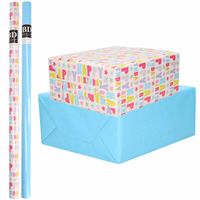 8x Rollen kraft inpakpapier happy birthday pakket - blauw 200 x 70 cm - Cadeaupapier - thumbnail