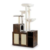 Krabpaal met Verborgen Kattenbak 2 Hangmatten & Uitkijkplatform Kattenkast met Sisal Krabpalen & Matten