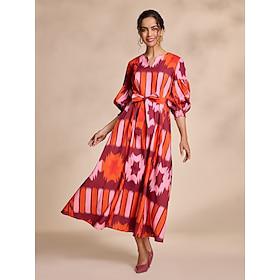 Elegante maxi-jurk met ceintuur en lantaarnmouwen met folkprint