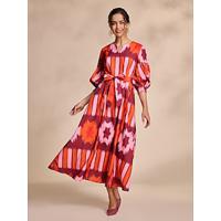 Elegante maxi-jurk met ceintuur en lantaarnmouwen met folkprint - thumbnail