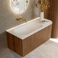 Mondiaz KURVE 105 cm Onderkast Greeploos 1 Lade Met Deuren Walnut, Wastafel Solid Surface Links Talc 0 Kraangaten Zonder Spiegel (KRVBGS105R1L1D0KL-Wal/Tal)
