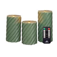 Luxe LED kaarsen/stompkaarsen set - 3x st - jade groen - swirl - met afstandsbediening