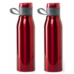 Aluminium waterfles/drinkfles- 2x - metallic rood - met schroefdop - 700 ml