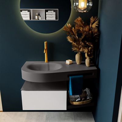 MONDIAZ RIVA 100cm badmeubel onderkast / planchet kleur Talc met 1 lade. Wastafel DULCET links 1 kraangat kleur Dark_Grey. MONDIAZ RIVA 100cm badmeubel onderkast / planchet kleur Talc met 1 lade. Wastafel DULCET links 1 kraangat kleur Dark_Grey.