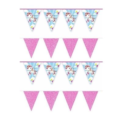 4x Vlaggenlijnen eenhoorn en roze glitters 10 meter