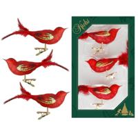 Kerst vogeltjes - op clip - 9x st - rood - 11 cm - glas - glazen kerstornamenten - vogeltjes