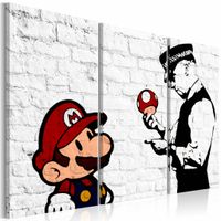 Schilderij - Mario Bros - Banksy , muurschildering , 3 luik ,   zwart wit - thumbnail