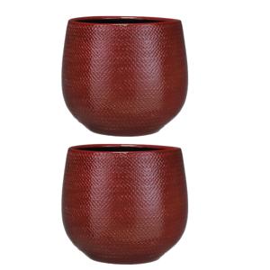 2x mica decorations bloempot - rood- ribbel - keramiek - 25 x 20 cm