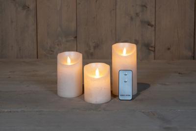3ST KAARS PAREL WAX RUSTIEK BEWEGENDE VLAM 7,5X10/12,5/15CM AFSTANDSBEDIENING 3X3AAA - Annas collection