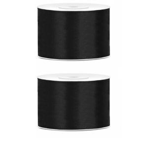 Satijn sierlint/cadeaulint - 2x - zwart - 5 cm x 25 meter - Inpakken - Versieren - Decoratie